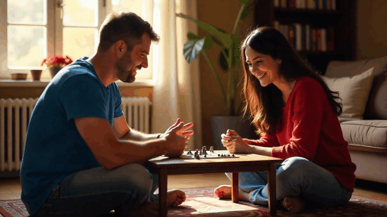Un couple jouant à un jeu sur table dans le salon