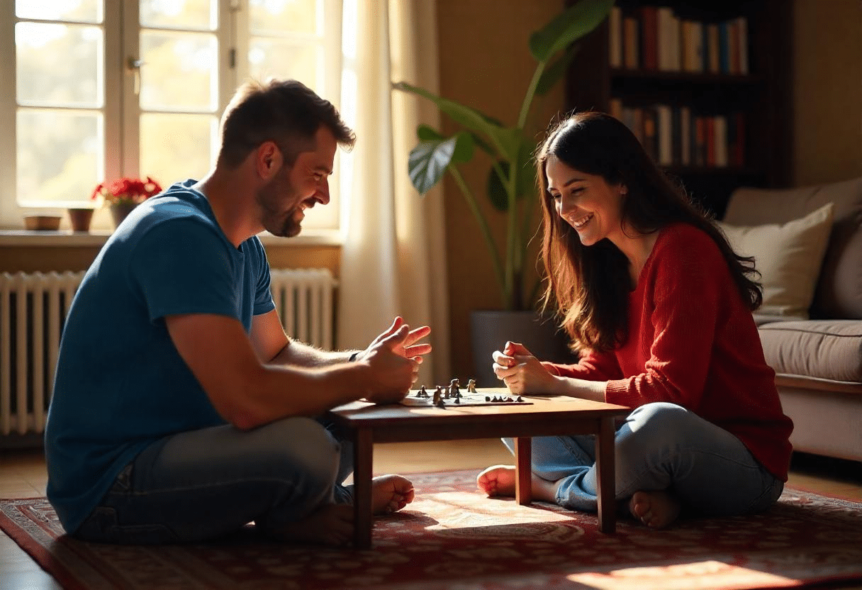 Un couple jouant à un jeu sur table dans le salon