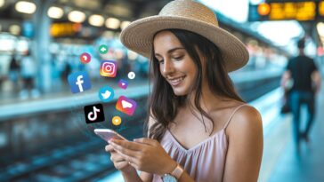 Jeune femme interagissant sur ses comptes sociaux