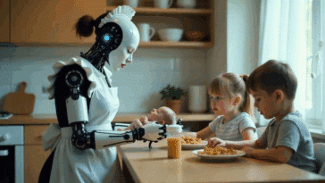 Une nanny humanoïde donnant le petit déjeuner à des enfants