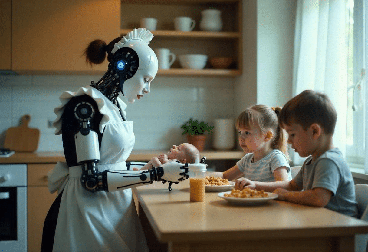 Une nanny humanoïde donnant le petit déjeuner à des enfants