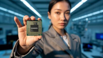 Une jeune femme tenant une puce Huawei