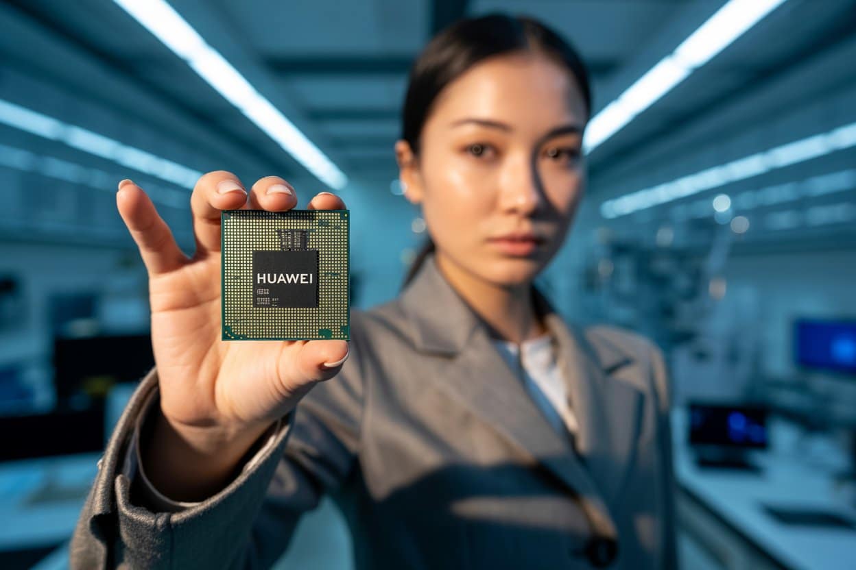 Une jeune femme tenant une puce Huawei