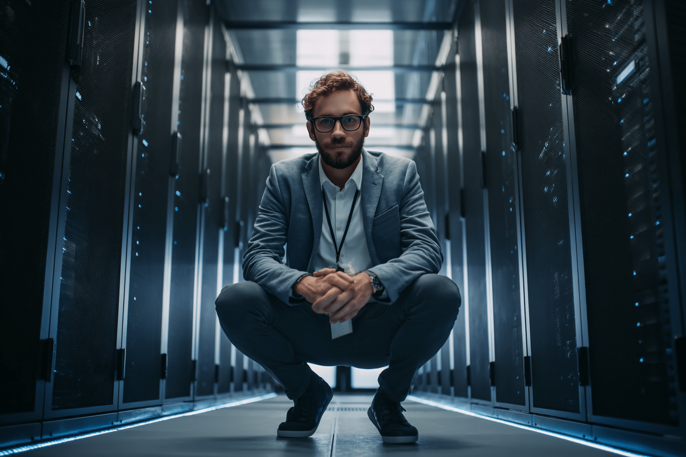 Technicien informatique moderne en costume accroupi devant une baie de serveurs, dans un centre de données sécurisé à l’ambiance high-tech.