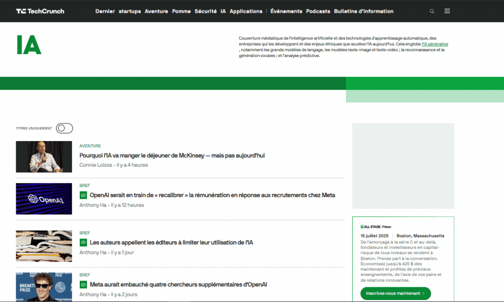 Meilleurs sites d'actualité IA - Techcrunch