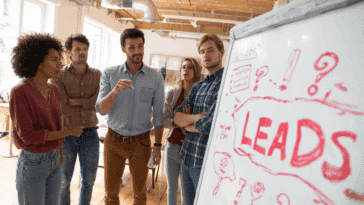Réunion d'une équipe marketing autour d'un tableau digital affichant “LEADS ?”, illustrant la réflexion stratégique en prospection digitale.