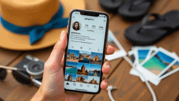 Une main tenant un smartphone affichant un profil Instagram dédié aux voyages