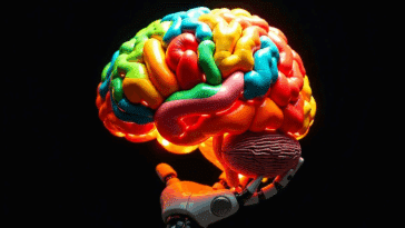 Une main robotique présentant un cerveau coloré