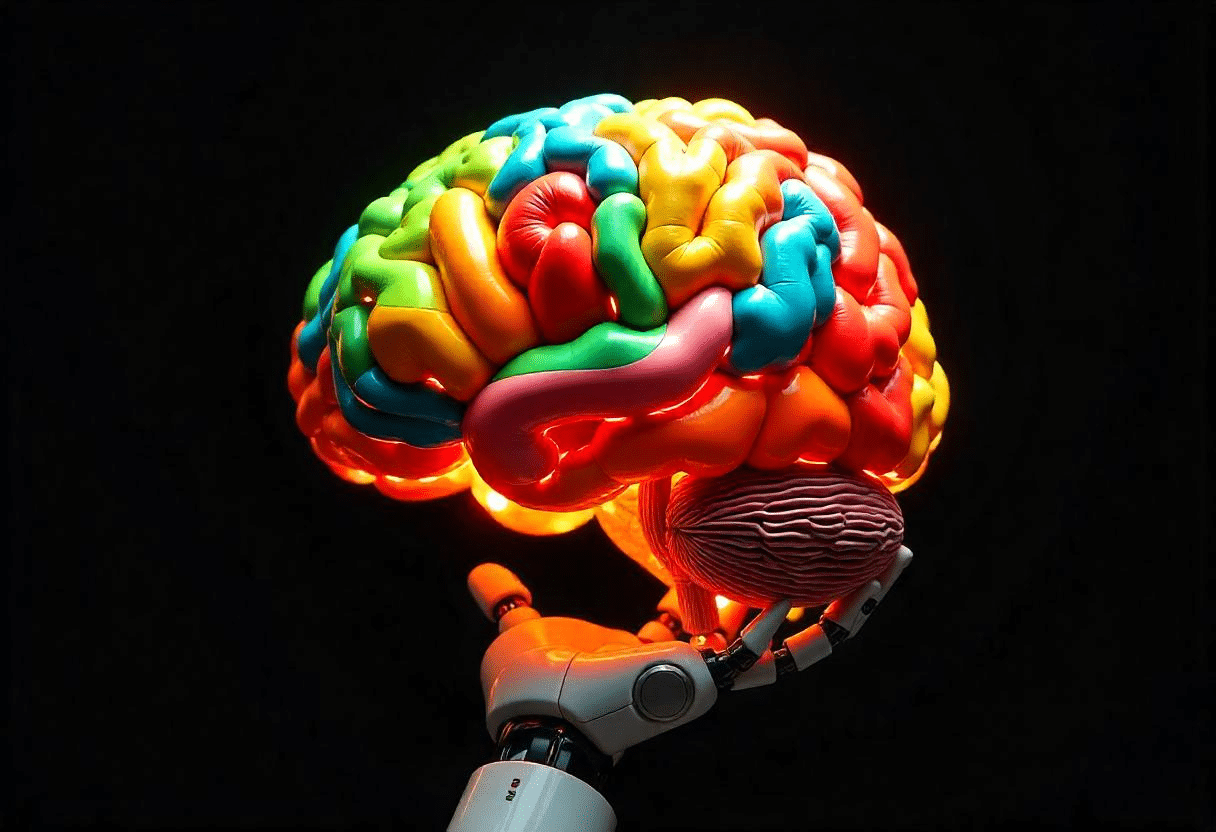 Une main robotique présentant un cerveau coloré