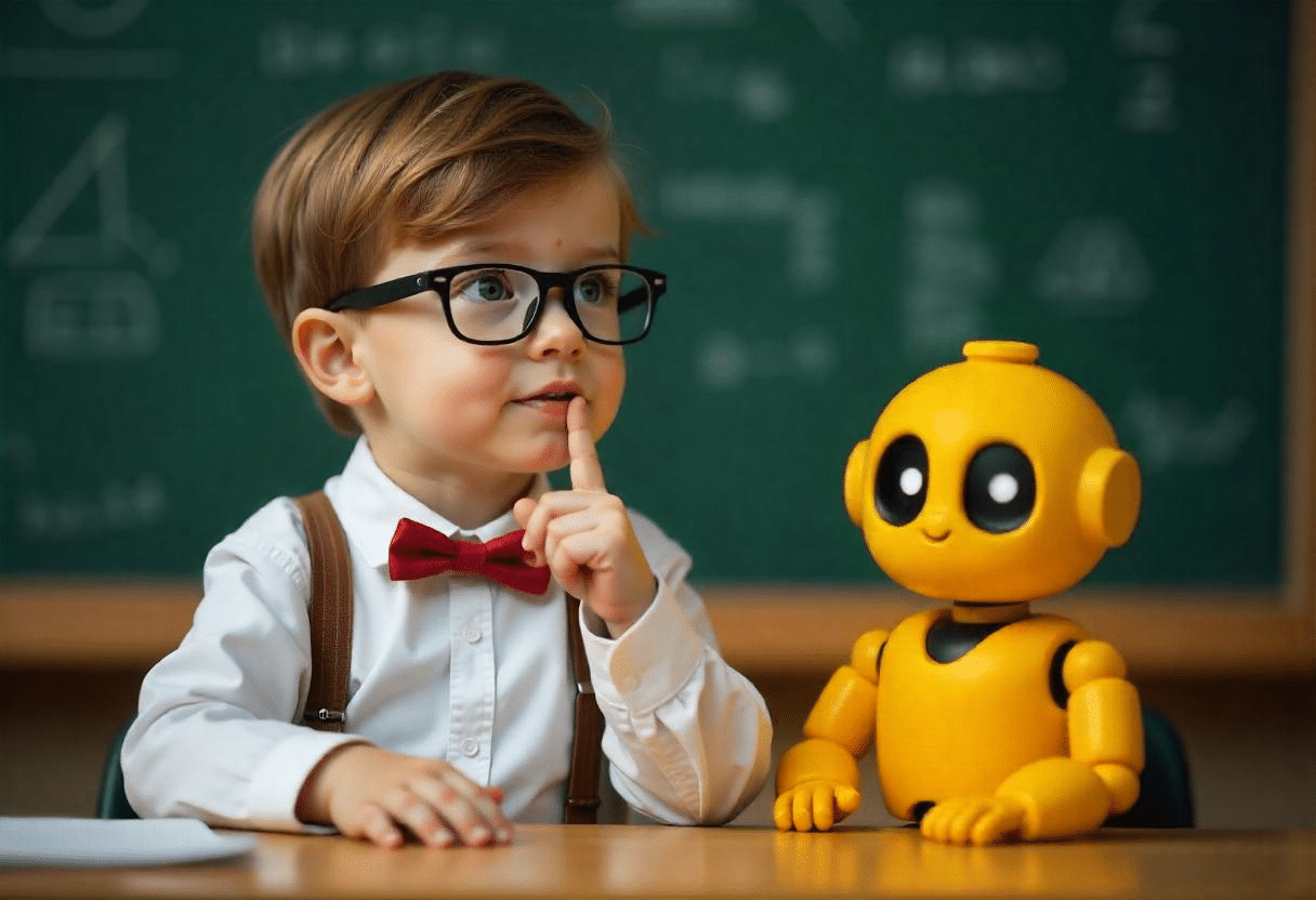 Un garçon à côté d'un mignon robot dans une salle de classe
