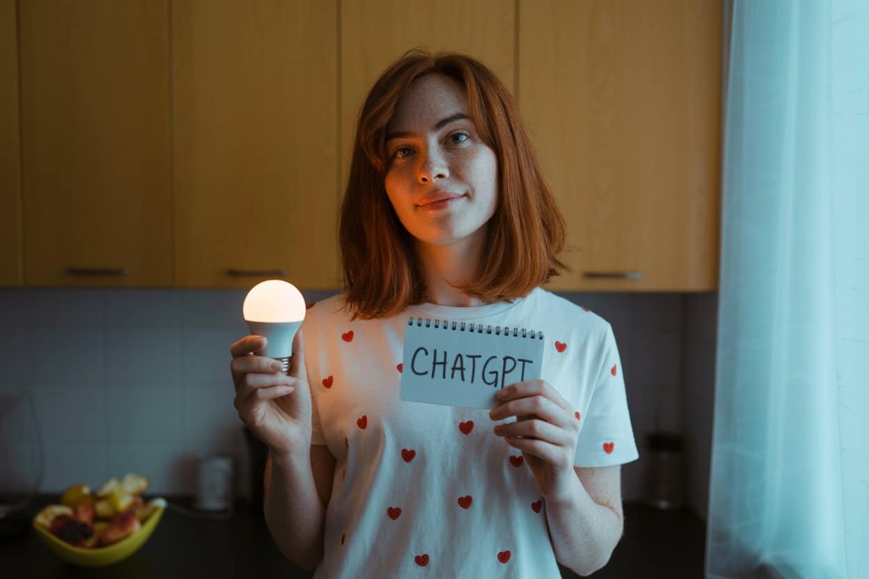 Une femme tenant une ampoule LED et une feuille avec l'écriture ChatGPT