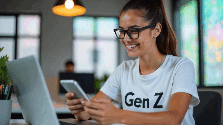 Jeune femme dans son bureau collaborant avec l'IA
