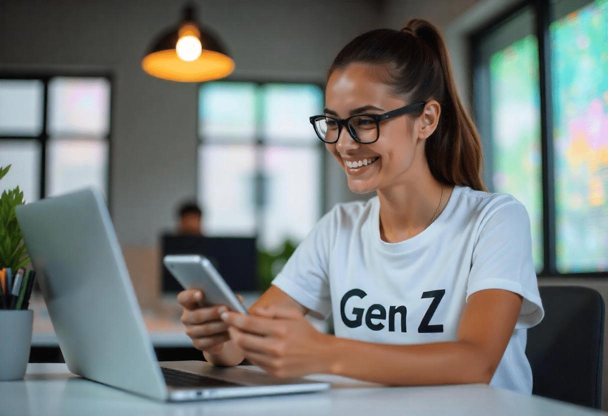 Jeune femme dans son bureau collaborant avec l'IA