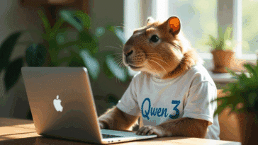 Un capybara portant un t-shirt avec la mention Qwen 3 travaillant sur un MacBook