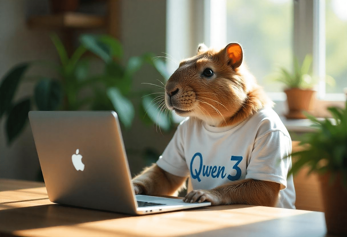 Un capybara portant un t-shirt avec la mention Qwen 3 travaillant sur un MacBook