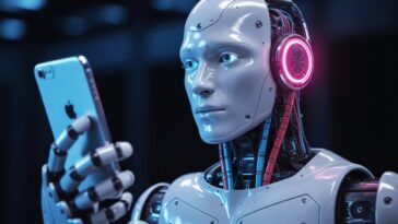 Un robot humanoïde tenant un iPhone