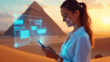 Une femme utilisant son smartphone avec des hologrammes IA en plein désert