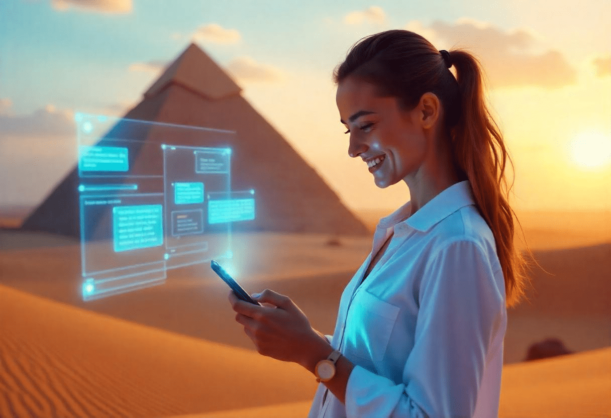 Une femme utilisant son smartphone avec des hologrammes IA en plein désert