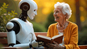 Auxiliaire de vie robot humanoïde en compagnie d'une femme âgée