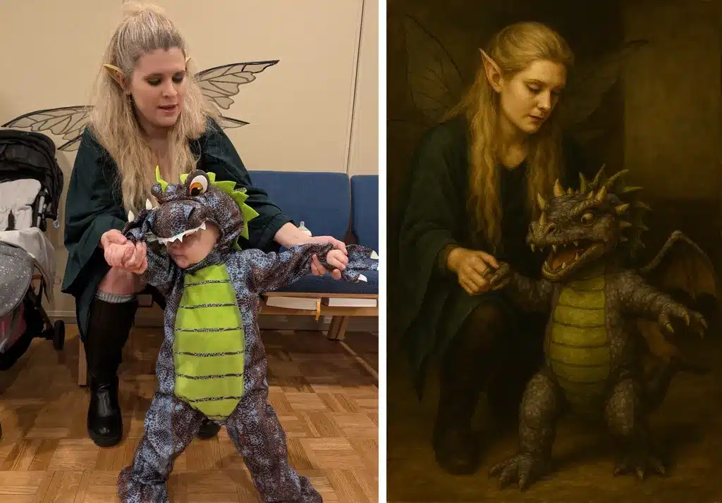 Une maman déguisée en elfe avec son fils déguisé en petit dragon