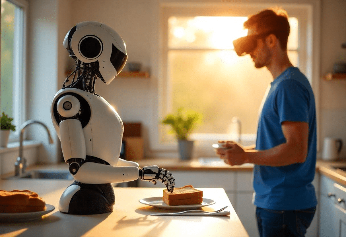 Un homme en train de piloter un robot humanoïde par réalité virtuelle