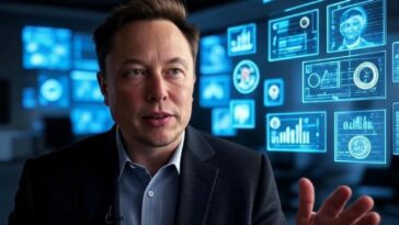 Elon Musk dans un bureau rempli d'hologramme