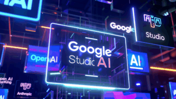 Illustration futuriste avec les logos néon des géants de l'IA, dont Google, OpenAI et Anthropic, dans un espace numérique.