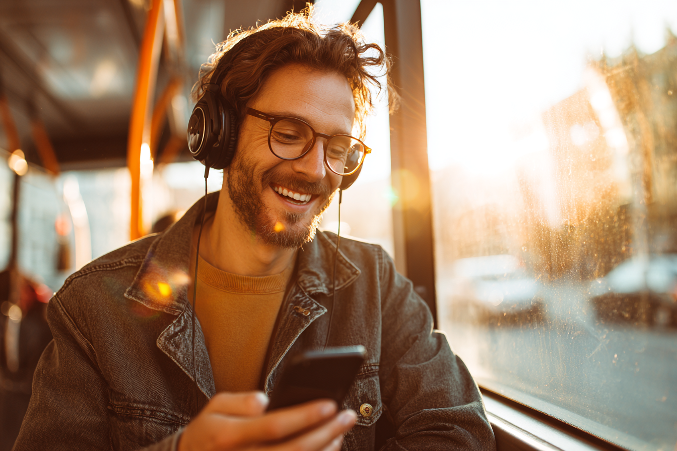 Un jeune homme écoutant de la musique sur son casque et impressionné par sa création sur BandLab