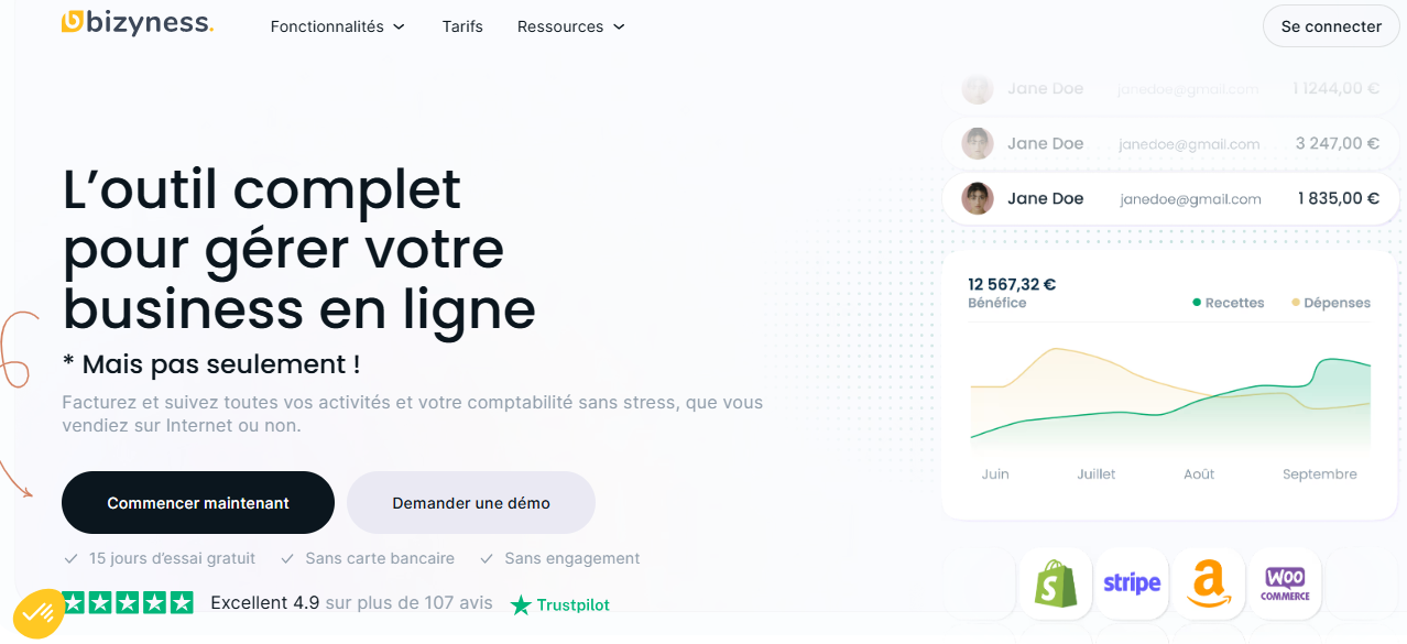 Capture d'écran de la page d'accueil de Bizyness, l'IA qui assure les tenues comptables