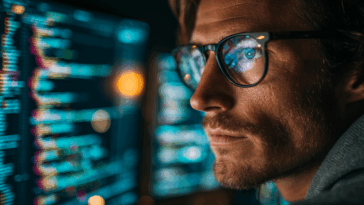 Développeur aux lunettes regardant son écran d'ordinateur utilisant l'assistant de code Blackbox AI