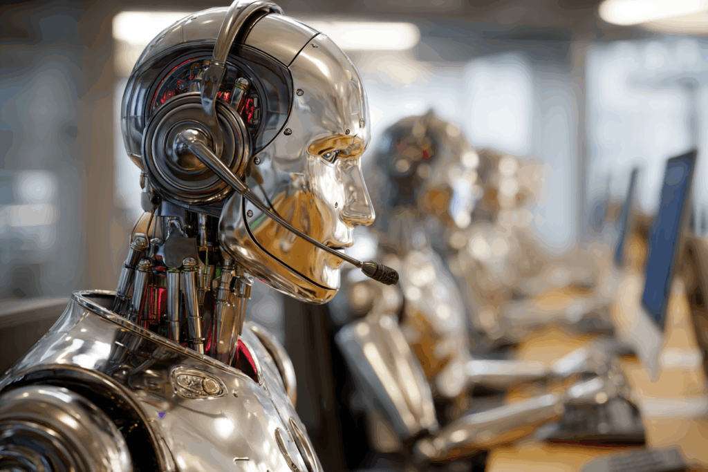 Robot humanoïde en centre d’appel avec casque micro, assistant un client devant un ordinateur, dans un environnement professionnel moderne.