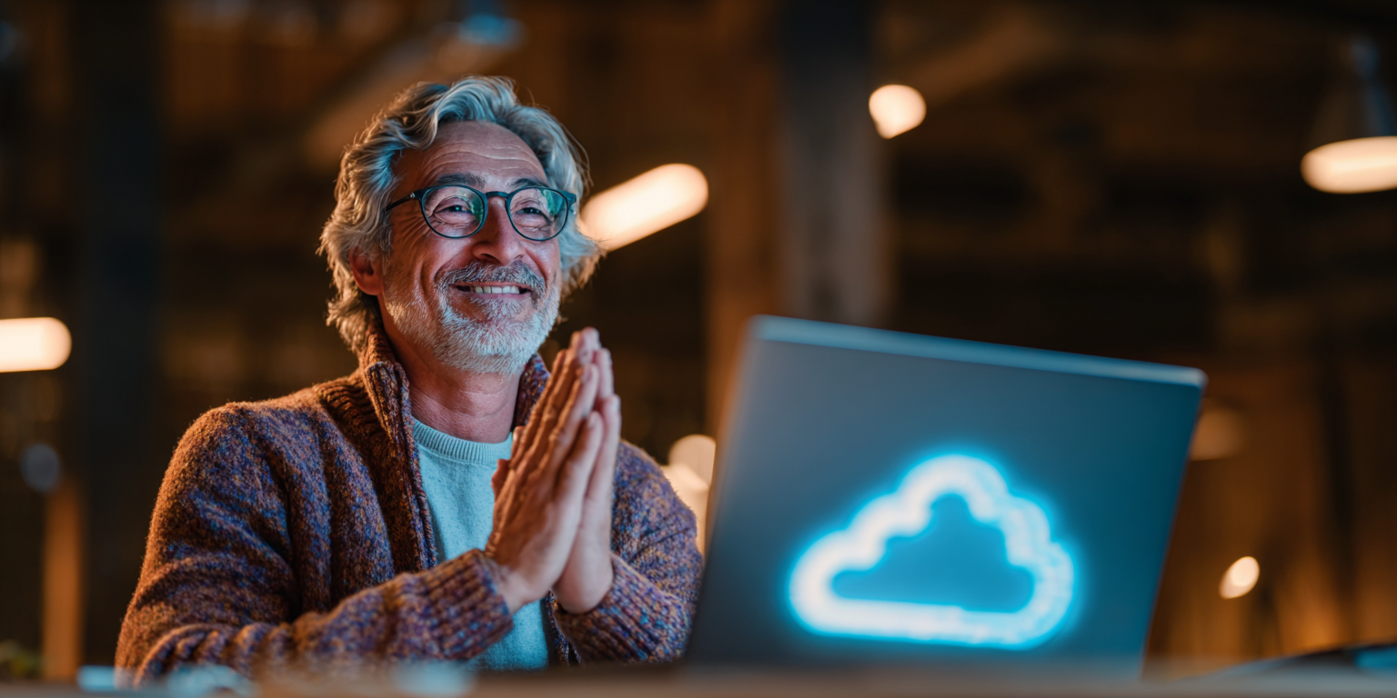 la photo d'une personne contente devant son ordinateur et utilisant Google Cloud AI
