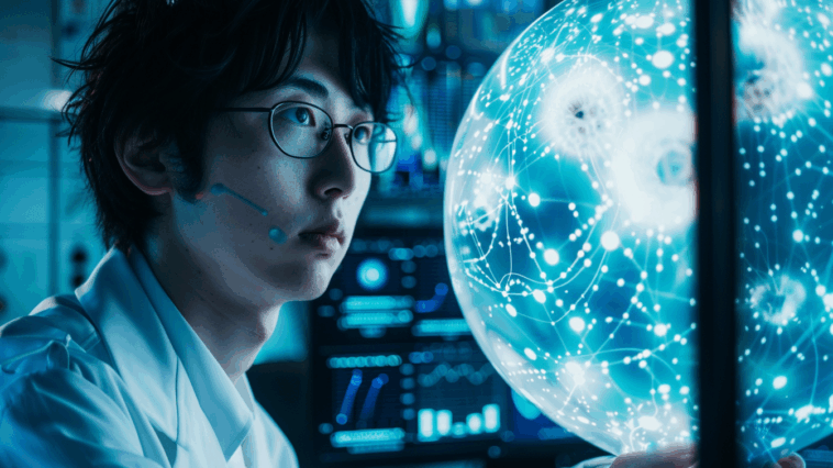 Jeune scientifique japonais en blouse blanche dans un laboratoire futuriste, analysant un globe lumineux qui affiche un réseau de données complexe, symbolisant l'innovation en assistant vocal IA et la recherche scientifique.