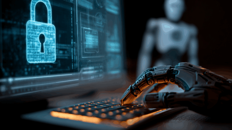 Main utilisant une interface de cybersécurité IA, avec hologramme de cadenas et robot sur l’écran d’un poste informatique.