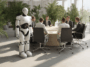 Réunion sur l’IA dans le monde professionnel avec des collaborateurs et un robot humanoïde, dirigée par un manager dans un bureau moderne.
