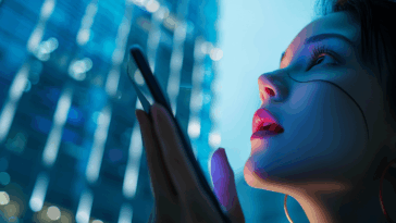 Vue en contre-plongée d'une femme regardant vers le haut, disant une commande vocale à son application Meta.ai.