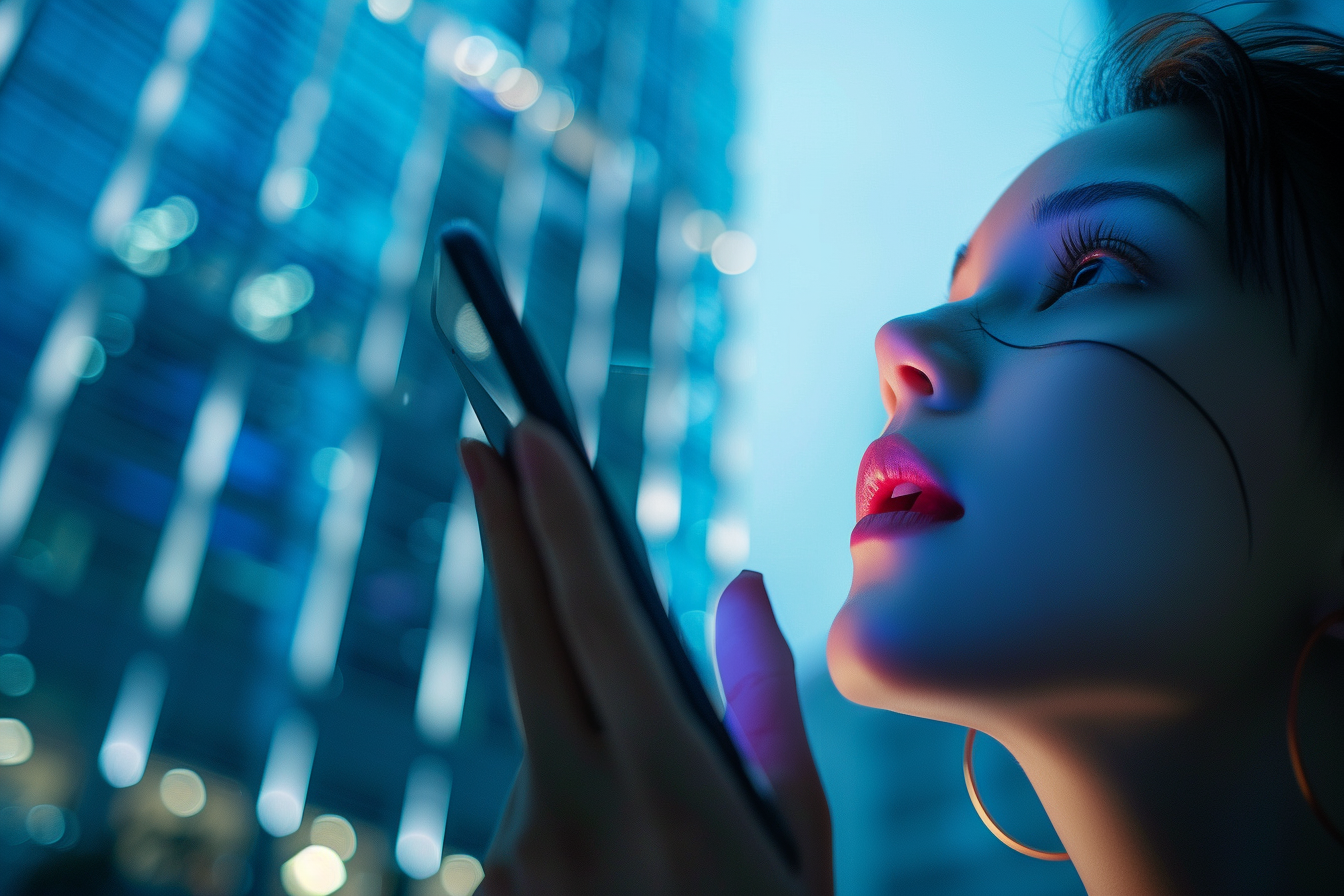 Vue en contre-plongée d'une femme regardant vers le haut, disant une commande vocale à son application Meta.ai.