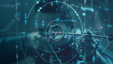 Un archer vise une cible à travers une interface de données futuriste, avec le logo 'Thoughtspot BI' au centre, symbolisant la précision de la business intelligence.