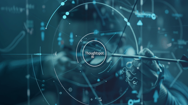 Un archer vise une cible à travers une interface de données futuriste, avec le logo 'Thoughtspot BI' au centre, symbolisant la précision de la business intelligence.
