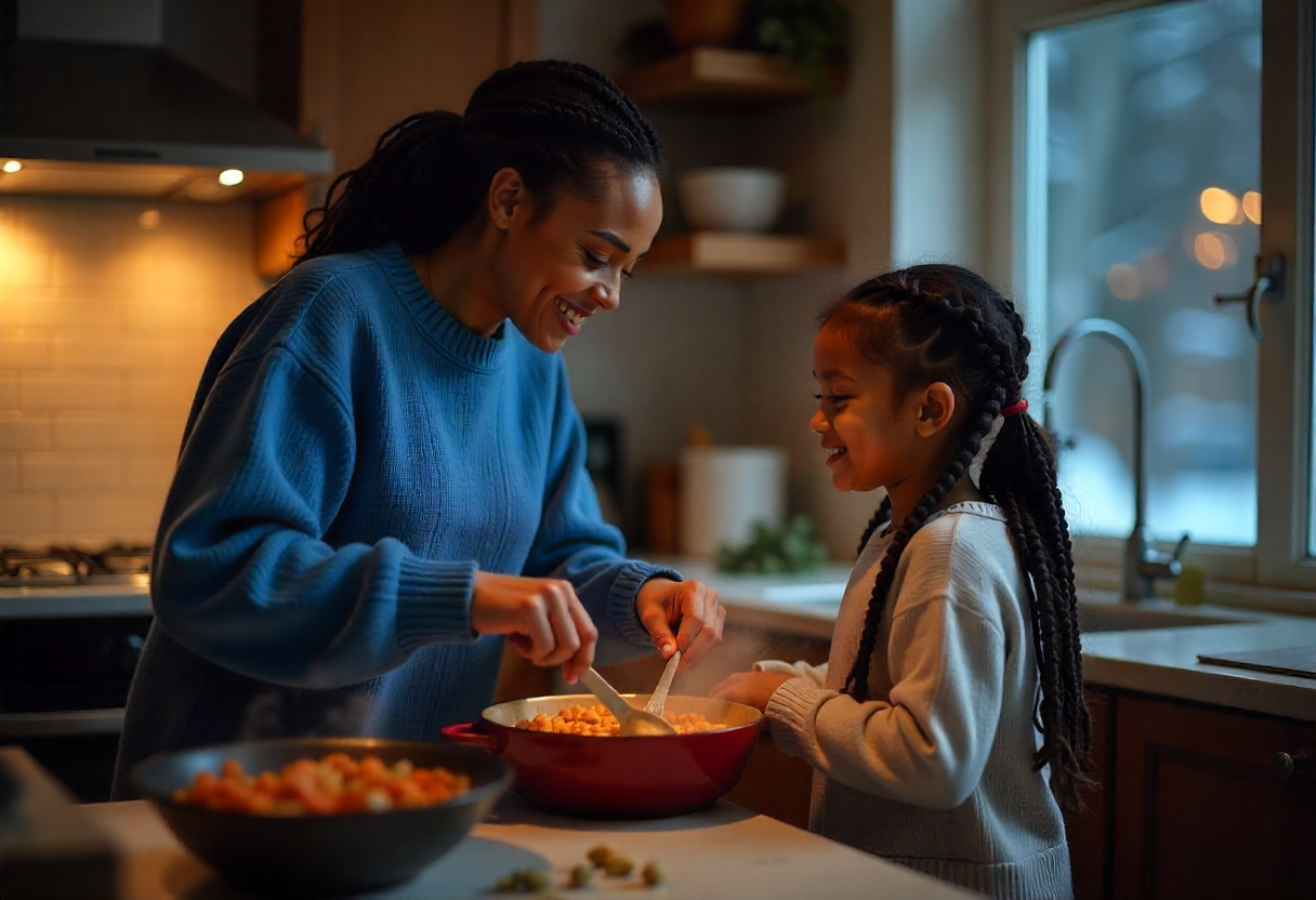 Une mère de famille cuisinant avec sa fille