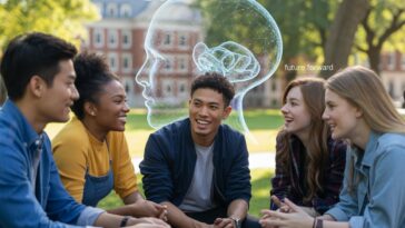 Un groupe d'étudiants en train de se débattre avec un hologramme d'IA en arrière-plan