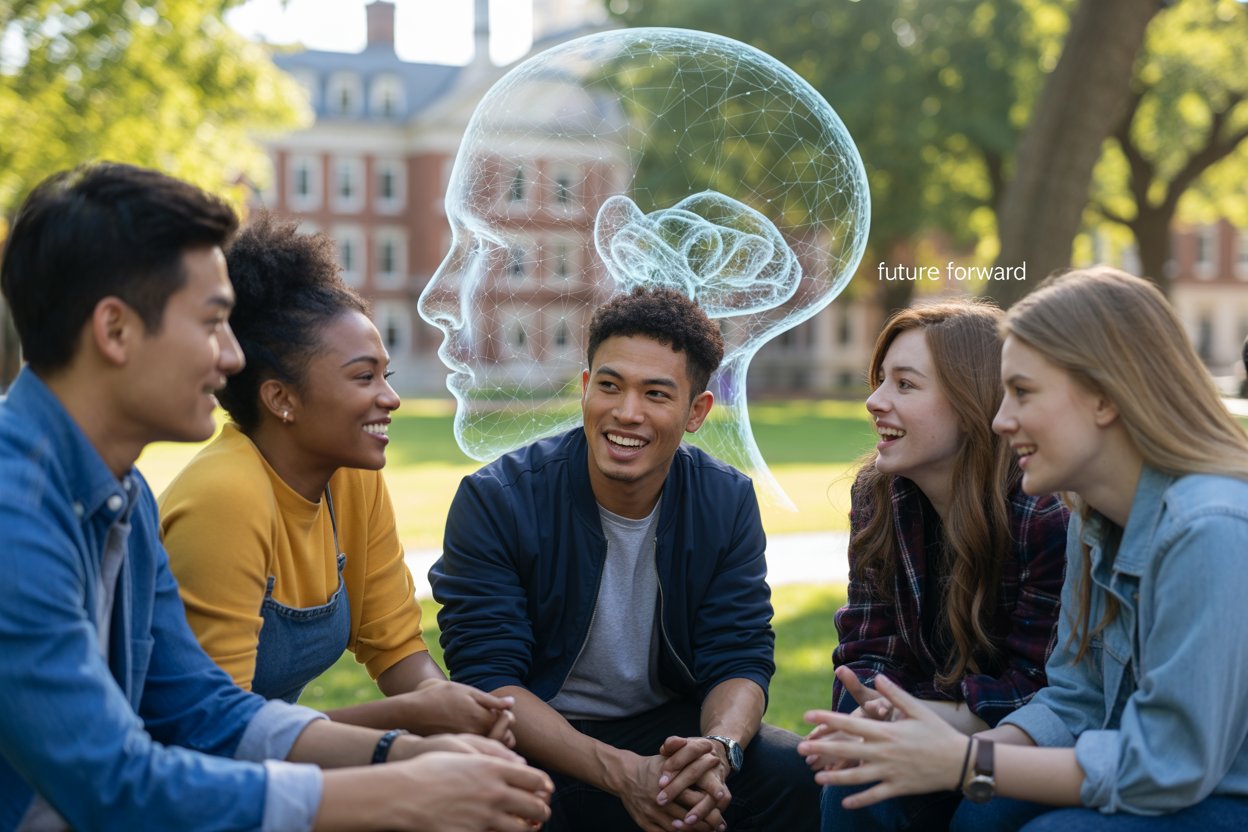Un groupe d'étudiants en train de se débattre avec un hologramme d'IA en arrière-plan