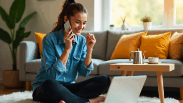 Une jeune femme conversant avec un chatbot sur son téléphone avec son PC ouvert