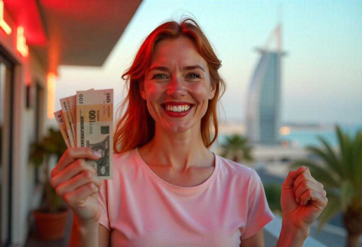 Une femme contente tenant des billets avec en arrière-plan le Burj Khalifa