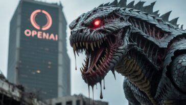 Un monstre alien devant un bâtiment où est inscrit le mot "OpenAI"