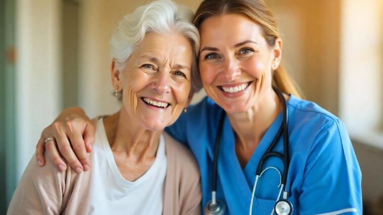 Une infirmière posant chaleureusement avec sa patiente