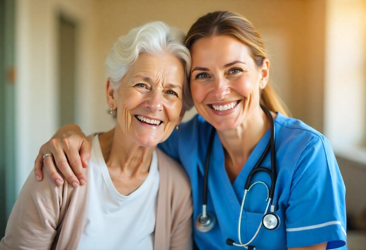 Une infirmière posant chaleureusement avec sa patiente