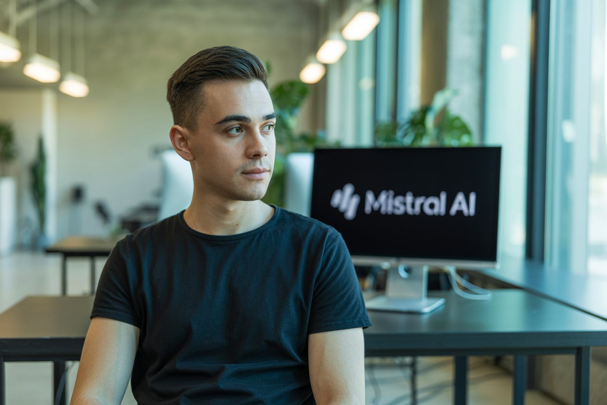 Un jeune homme les yeux rivés vers l'avenir avec en arrière-plan un PC marqué Mistral AI