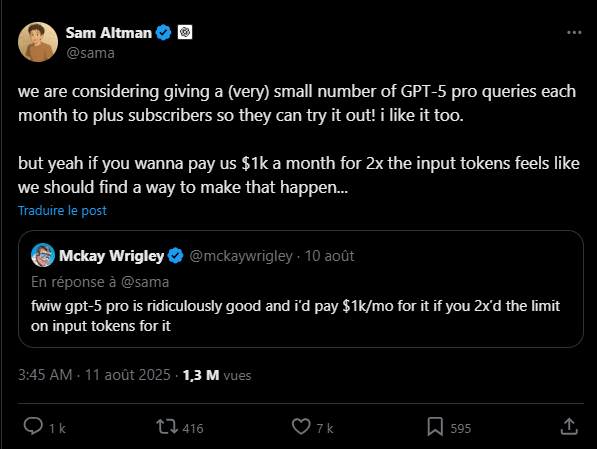 Twitt Sam Altman GPT-5 Pro