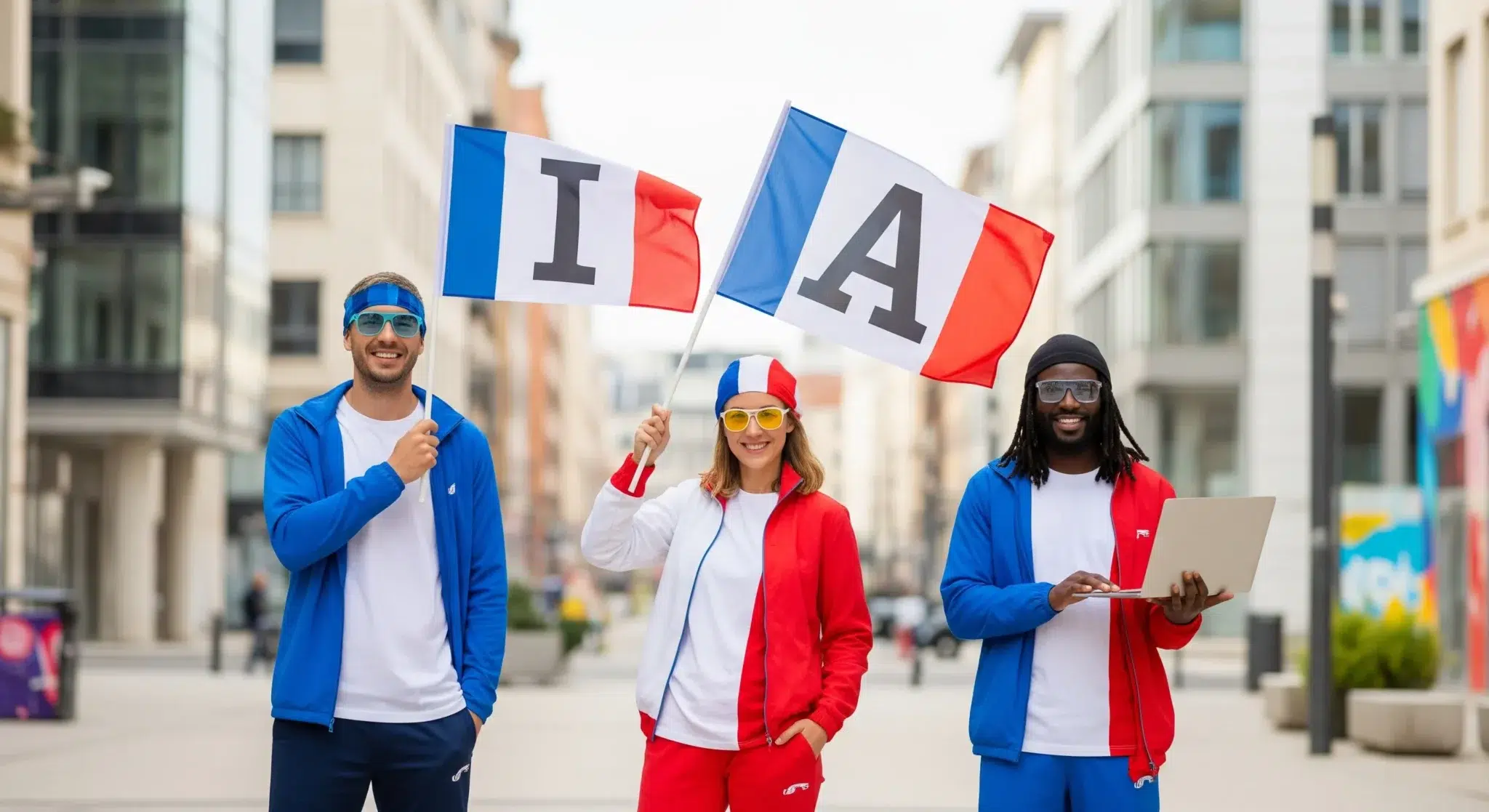 Un groupe d'employé tech à Lyon présentant le drapeau français